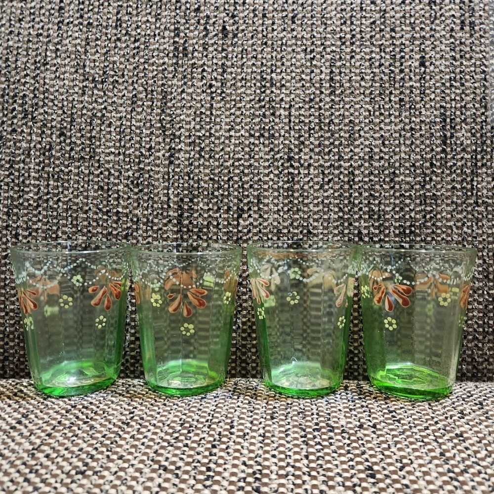 Set of Four 4" Uranium Glass Hand Painted Green Glasses